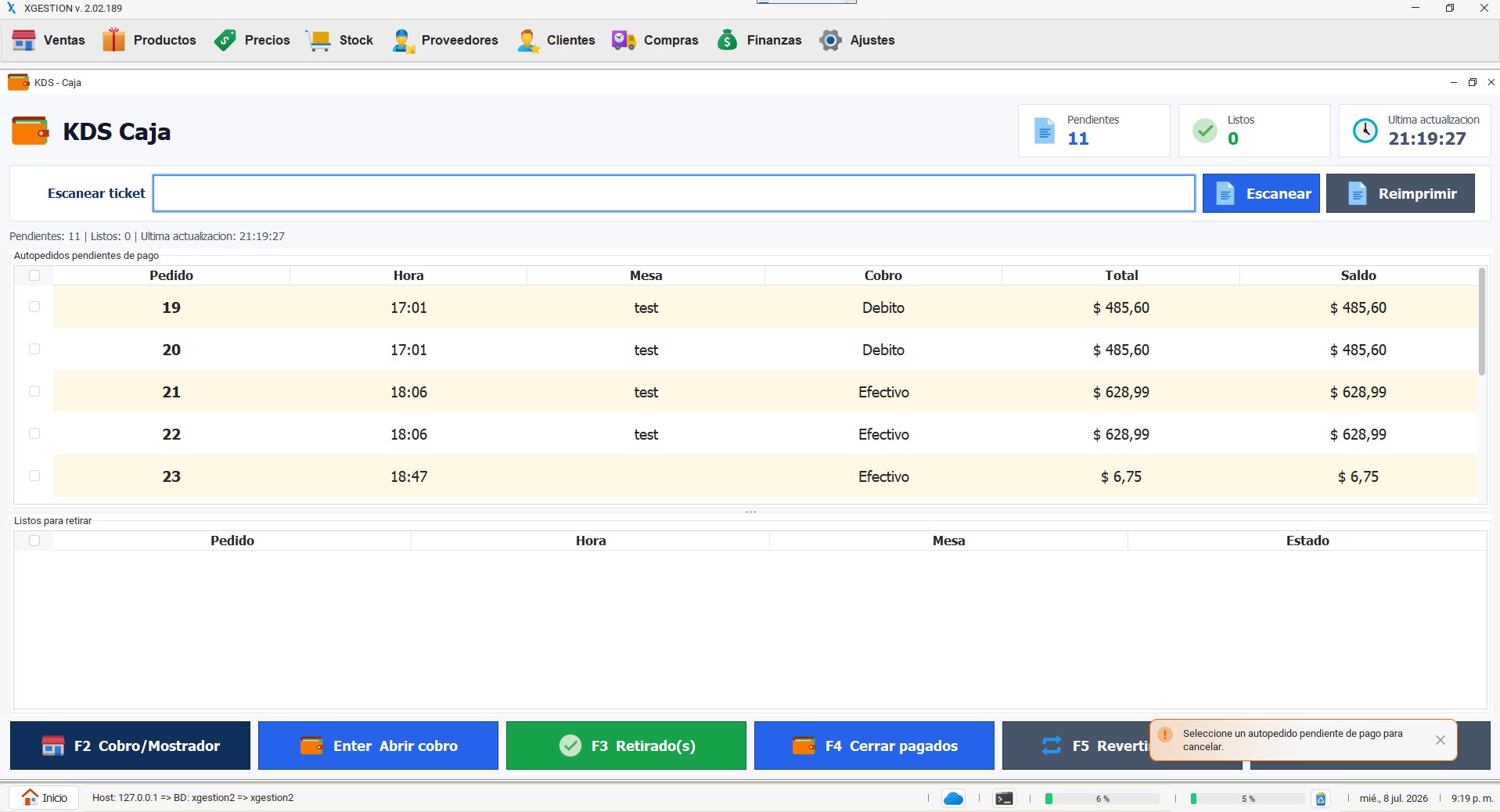 XGestion KDS cash screen