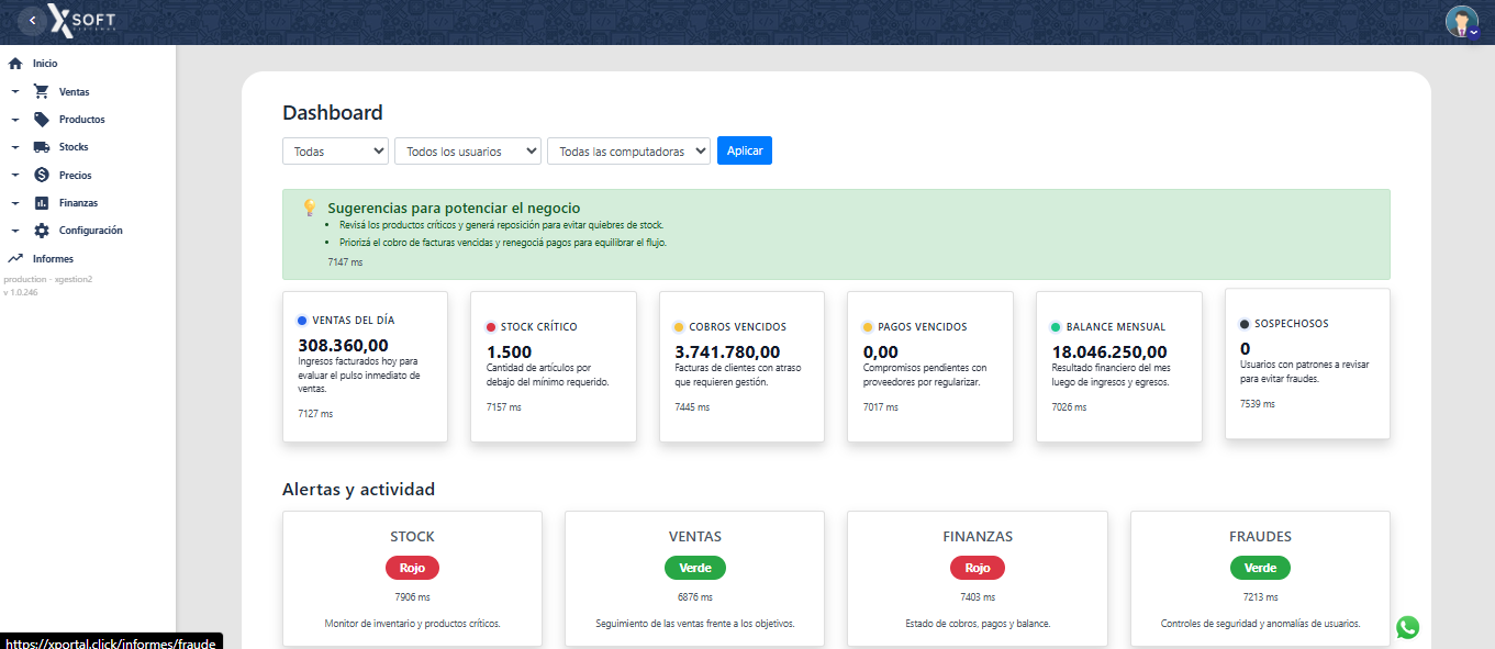 XPortal dashboard with sales, stock, collections and payment indicators